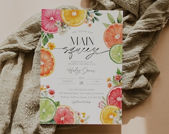 Main Squeeze Bridal Shower Editable Invitation, Citrus Bridal Shower Invitation, Citrus Themed Shower Invite, Printable Invite, Evite, BD204