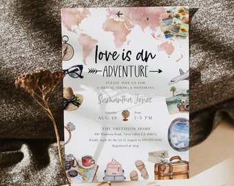 Love is an Adventure Bridal Shower Invitation Template, Travel Themed Bridal Shower Editable Invite, Adventure Bridal Shower Evite, BD187