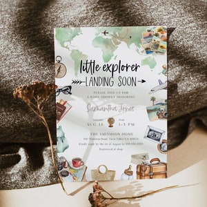 Little Explorer landing binnenkort babyshower bewerkbare uitnodiging, avontuur thema babyshower uitnodigen, genderneutraal, afdrukbare uitnodiging, BD187