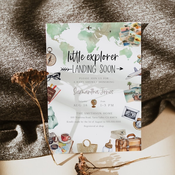 Little Explorer Landing Soon Baby Shower Editable Invitation, Adventure Themed Baby Shower Invite, Gender Neutral, Printable Invite, BD187