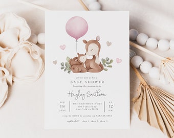 Deer Girl Baby Shower Invitation Template, Woodland Animal Baby Shower Invite, Pink Balloon Invitation, Baby Girl Printable Invite, BD179