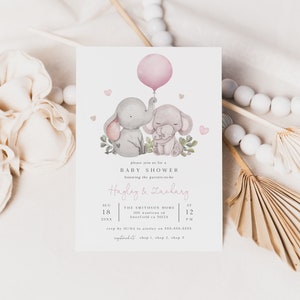 Mädchen Elefant-Babyparty-Einladungsvorlage, rosa Paar Elefant-Babyparty einladen, rosa Ballon-Babyparty, druckbare einladen, BD179