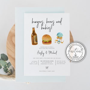 Burgers, Beers & Babies BBQ Invitation Editable Template, BABY-Q Baby Shower Invite, Baby Boy, Barbecue, Instant Download, Printable Invite