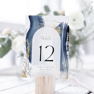 Navy & Gold Wedding Editable Table Numbers Template, Navy Watercolor Table Decor, Instant Download, Modern Wedding Minimal Table Cards BD137