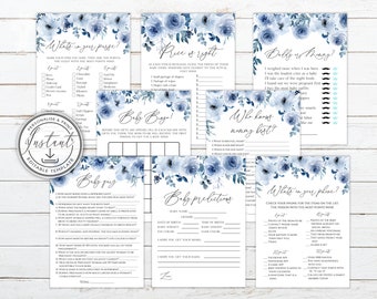 Puede incluir: Un conjunto de tarjetas de juego de baby shower imprimibles con un diseño floral azul. Los juegos incluyen "What's in your purse?", "Price is Right", "Who knows mommy best?", "Baby Bingo", "Baby Puz", "Dolly or Boy?", "Baby Predictions", y "What's on your phone?"
