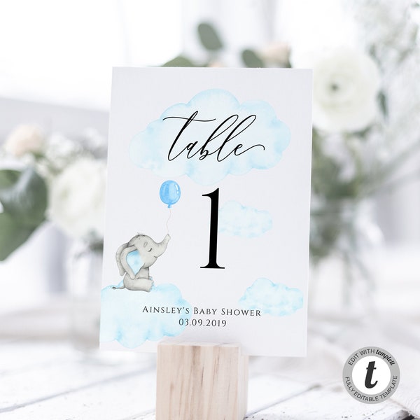 Elephant Baby Shower Table Numbers, Blue Decor (Editable Template, Instant Download)