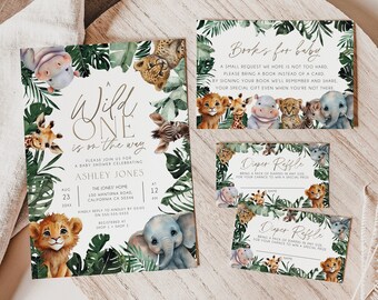 Wild One Baby Shower Invitation Bundle, Wild One Invitation Suite, Safari Wild One Baby Shower Invite, Printable Invite Jungle Animals BD183