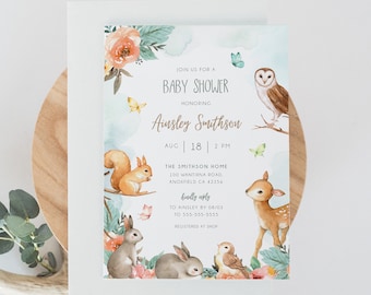 Woodland Baby Shower Invitation Template, Woodland Animals Baby Shower, Gender Neutral Editable Invitation, Instant Download, BD111