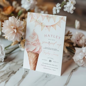 Ice Cream Bridal Shower Editable Invitation, She&#39;s Been Scooped Up Bridal Shower Invite, Pink Ice-cream Invitation, Printable Invite, BD210