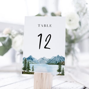 Mountain Wedding Editable Table Numbers Template, Watercolor Lake Table Decor, Instant Download, Rustic Wedding, Boho, Printable, BD124
