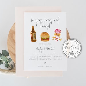 Burgers, Beers & Babies BBQ Invitation Editable Template, BABY-Q Baby Shower Invite, Baby Girl, Barbecue, Instant Download, Printable Invite