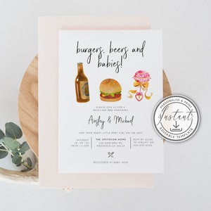 Burgers, Beers & Babies BBQ Invitation Editable Template, BABY-Q Baby Shower Invite, Baby Girl, Barbecue, Instant Download, Printable Invite