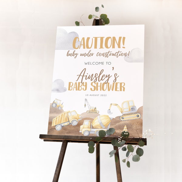 Baby Under Construction Welcome Sign, Editable Sign Template, Truck Baby Shower Sign, Boy Baby Shower, Construction Baby Signage, BD126