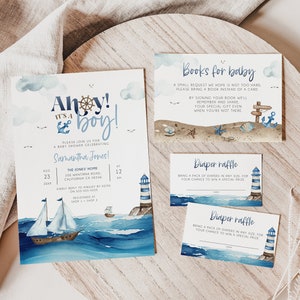 Ahoy it's a boy Baby Shower Editable Invitation Bundle, Nautical Baby Shower Invitation Suite, Blue Boy Baby Shower Printable Invite, BD186