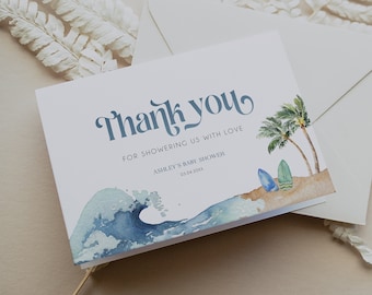 Ocean & Beach Thank You Folded + Flat Lay Card, Surf Beach Baby Shower Card, Summer Baby Shower Thank You, Printable Thank You Card, BD160