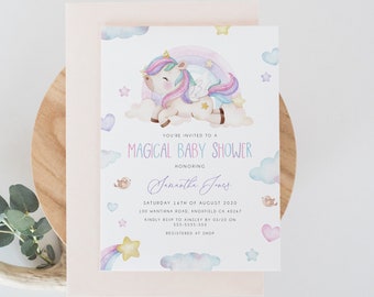 May include: A baby shower invitation with a watercolor illustration of a unicorn with a rainbow and stars. The text reads "You're invited to a Magical Baby Shower honoring Samantha Jones".