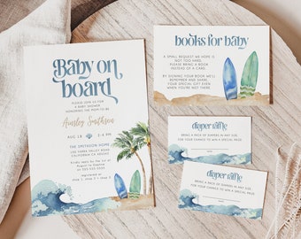 Baby on Board Invitation Suite, Surf Beach Baby Shower Editable Invitation Bundle, Summer Baby Shower, Printable Invite, Shower Evite, BD160