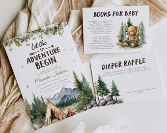 Let the Adventure Begin Baby Shower Invitation Bundle, Adventure Awaits Editable Invitation Suite Camping Themed Baby Shower Printable BD196