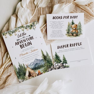 Let the Adventure Begin Baby Shower Invitation Bundle, Adventure Awaits Editable Invitation Suite Camping Themed Baby Shower Printable BD196