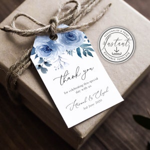 Modèle d'étiquette de remerciement mariage bleu poussiéreux, étiquettes florales bleues pour cadeaux, téléchargement immédiat, étiquettes de remerciement imprimables, étiquettes de faveurs modifiables - BD93