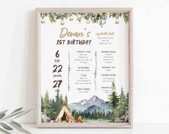 One Happy Camper First Year Milestone Poster Template, Camp Themed First Birthday Board, 1 Year Poster, Mountain 1st Birthday, BD196