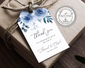 Può includere: Un'etichetta di ringraziamento per il matrimonio floreale acquerellata blu e bianca con il testo "grazie" e "per aver celebrato questo giorno speciale con noi" e "Harnak & Elyak" e "3 giugno 2020".