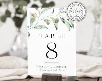 Greenery Wedding Table Numbers Editable Template, Instant Download, Olive, Watercolor, Modern Rustic, Printable, Wedding Table Decor, BD62