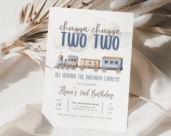 Chugga Chugga Two Two Birthday Invitation, Train Second Birthday Printable Invite, All Aboard Boys Birthday Invite, Birthday Evite, BD170