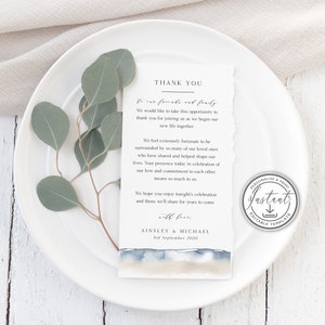 Plantilla de agradecimiento para boda en la playa, decoración de mesa para boda de destino, océano, tarjeta de mesa, editable, descarga instantánea - BD74