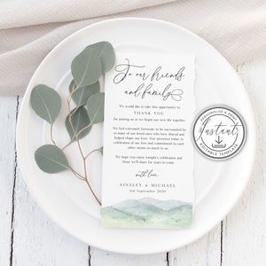 Plantilla de agradecimiento para boda en un viñedo, agradecimiento por la decoración de mesa de una boda campestre, tarjeta de mesa en un viñedo, descarga instantánea de boda en Napa BD100
