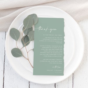 Minimalistic Green Wedding Thank You Note Template, Modern Wedding Place Setting Thank You, Table Card, Editable Instant Download, BD133