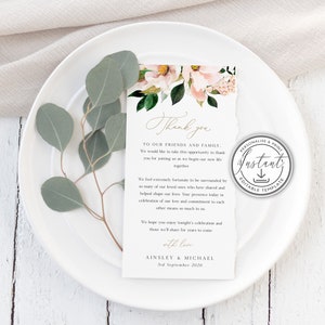 Plantilla de nota de agradecimiento floral ruborizada para boda, tarjeta de agradecimiento rústica para mesa de boda, plantilla editable, descarga instantánea - BD84