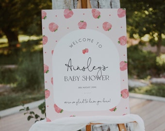 Strawberry Baby Shower Welcome Sign Template, Berry Sweet Baby Editable Welcome Signage, Printable Welcome Sign, Fruit Baby Shower, BD171