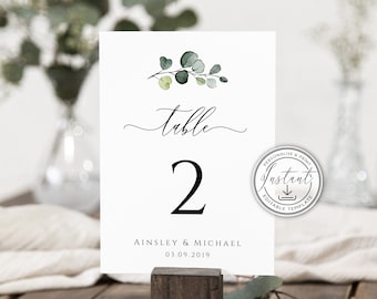 Plantilla editable de números de mesa para boda con eucalipto, decoración de mesa con vegetación en acuarela, descarga instantánea, boda rústica, estilo bohemio, imprimible, BD44