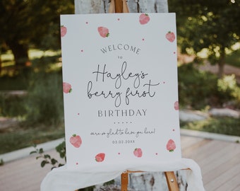 Modèle de plaque de bienvenue aux fraises, panneau de bienvenue pour le premier anniversaire des baies, fête d'anniversaire aux fraises, enseigne imprimable, 1er anniversaire des filles, BD171