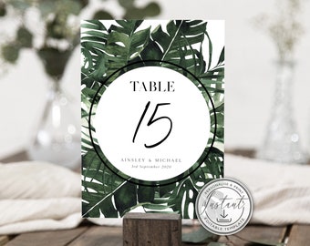 Tropical Wedding Editable Table Numbers Template, Modern Beach Table Decor, Instant Download, Destination, Wedding, Printable Cards - BD102