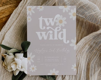 Two Wild 2nd Birthday Invitation, Bohemian Daisy Birthday Invite, Daisy Second Birthday Party Invite, Retro Floral Girls Birthday, BD173