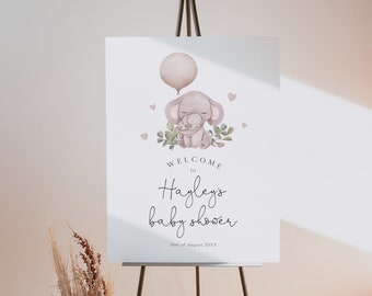 Beige Elephant Welcome Sign Template, Greenery Elephant Large Baby Shower Welcome Sign, Elephant with Balloon Baby Shower Sign, BD179