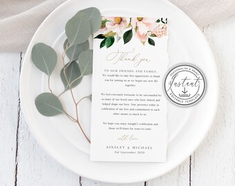 Blush Floral Thank You Wedding Note Template, Rustic Wedding Place Setting Thank You, Table Card, Editable Template, Instant Download - BD84