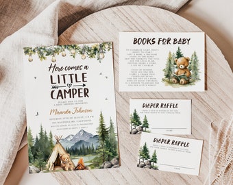 May include: A baby shower invitation with a woodland theme. The invitation features a green and brown background with a tent, a campfire, and a bear. The text on the invitation reads "Here comes a little camper".