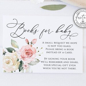 Modèle d'insertion de carte de livres pour bébé fard à joues, Insert de carte de baby shower bohème, verdure aquarelle, fleurs roses, cartes imprimables, Boho BD54