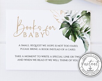 Może przedstawiać: Biała kartka z zielonymi i złotymi tropikalnymi liśćmi i tekstem "Books for Baby". Kartka zawiera również tekst "Mała prośba, mamy nadzieję, że nie jest zbyt trudna, przynieś książkę zamiast kartki. Znajdź chwilę, aby napisać specjalną linijkę lub dwie, a kiedy ją przeczytamy, będziemy o Tobie myśleć."