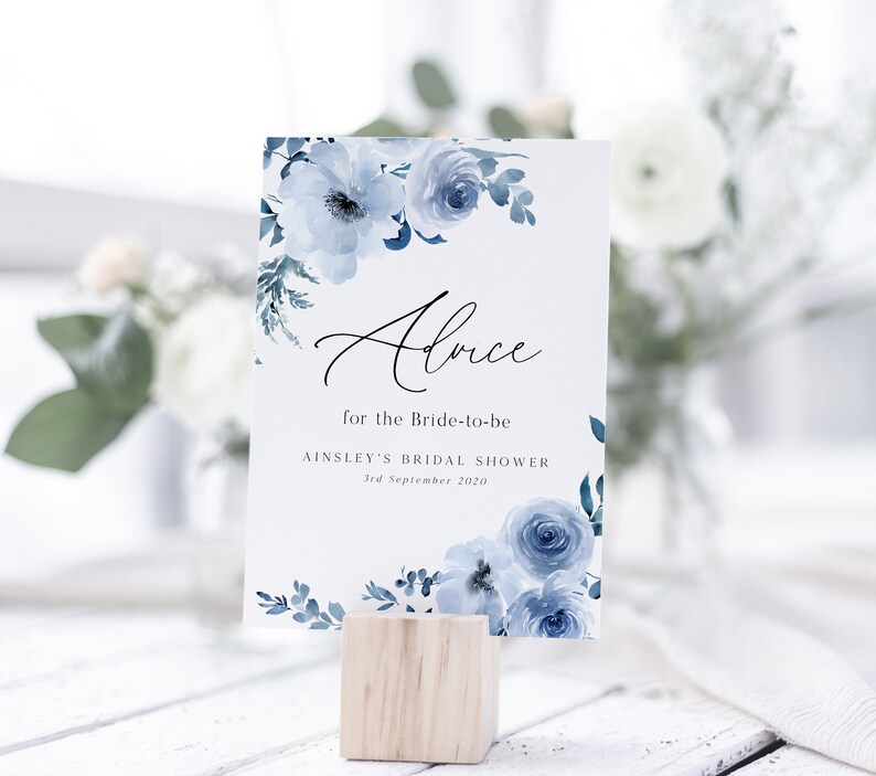Blue Floral Bridal Shower Signs Rustic Bridal Shower Editable Sign Dusty Blue Advice Sign Template Printable Sign Instant Download- BD93