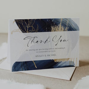 Marine & Gold gefaltete Danksagungskarte, marine blaue Aquarell Favor Card, sofortiger Download, Strand-Hochzeit-Dankeschön-Karte, moderne Hochzeit, BD137