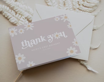 Daisy Thank You Card Template, Bohemian Daisy Thank You Flat Lay & Folded Card, Daisy Birthday Party Decor, Printable Thank You Card, BD173