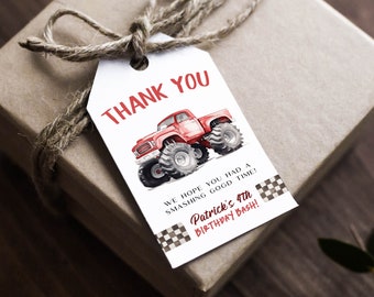 Monster Truck Editable Favors, Red Monster Truck Birthday Party Gift Tag, Printable Monster Truck Favors, Monster Truck Party, BD199
