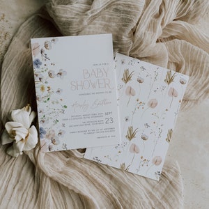 May include: A baby shower invitation with a floral design. The invitation is for Ainsley Smithson and is set for Saturday, August 23rd, 20XX from 1-4 pm at the Smithson Home, 100 Wantrina Road, California.  RSVP by September 1st to Ainsley at 553-553-5555.