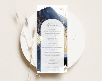 Navy & Gold Menu Editable Template, Navy Watercolor Wedding Menu, Modern Wedding, Wedding Table Decor, Instant Download, Printable BD137