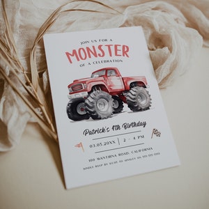 Editable Monster Truck Birthday Invitation, Monster Truck Invite, Red Monster Truck Party Invite, Boys Birthday Party Invite, Evite, BD199