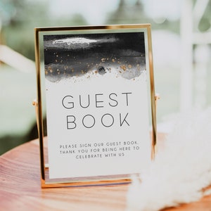Gold & Black Guest Book Modern Wedding Sign, Editable Sign Template, Instant Download, Black Watercolor, Printable Sign, Minimal, BD119